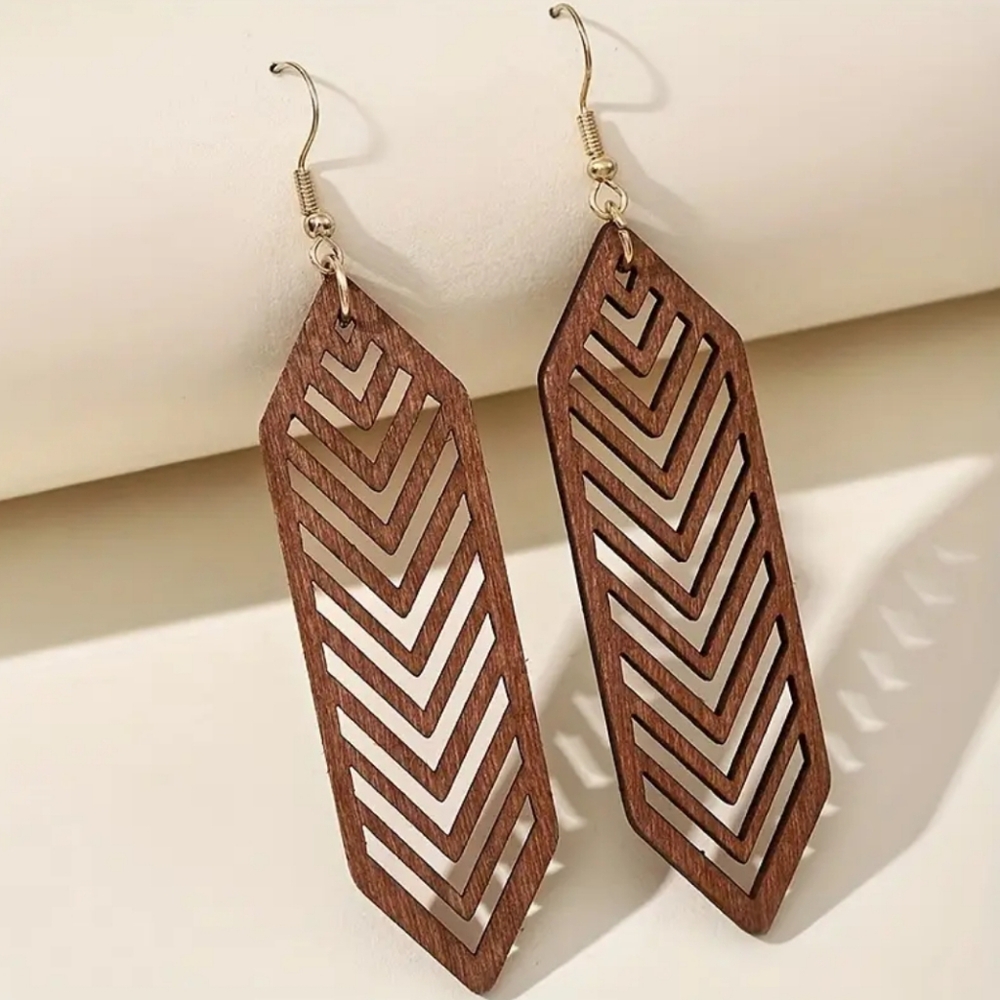 Brown Wooden Hexagonal Stripes Dangle Earrings